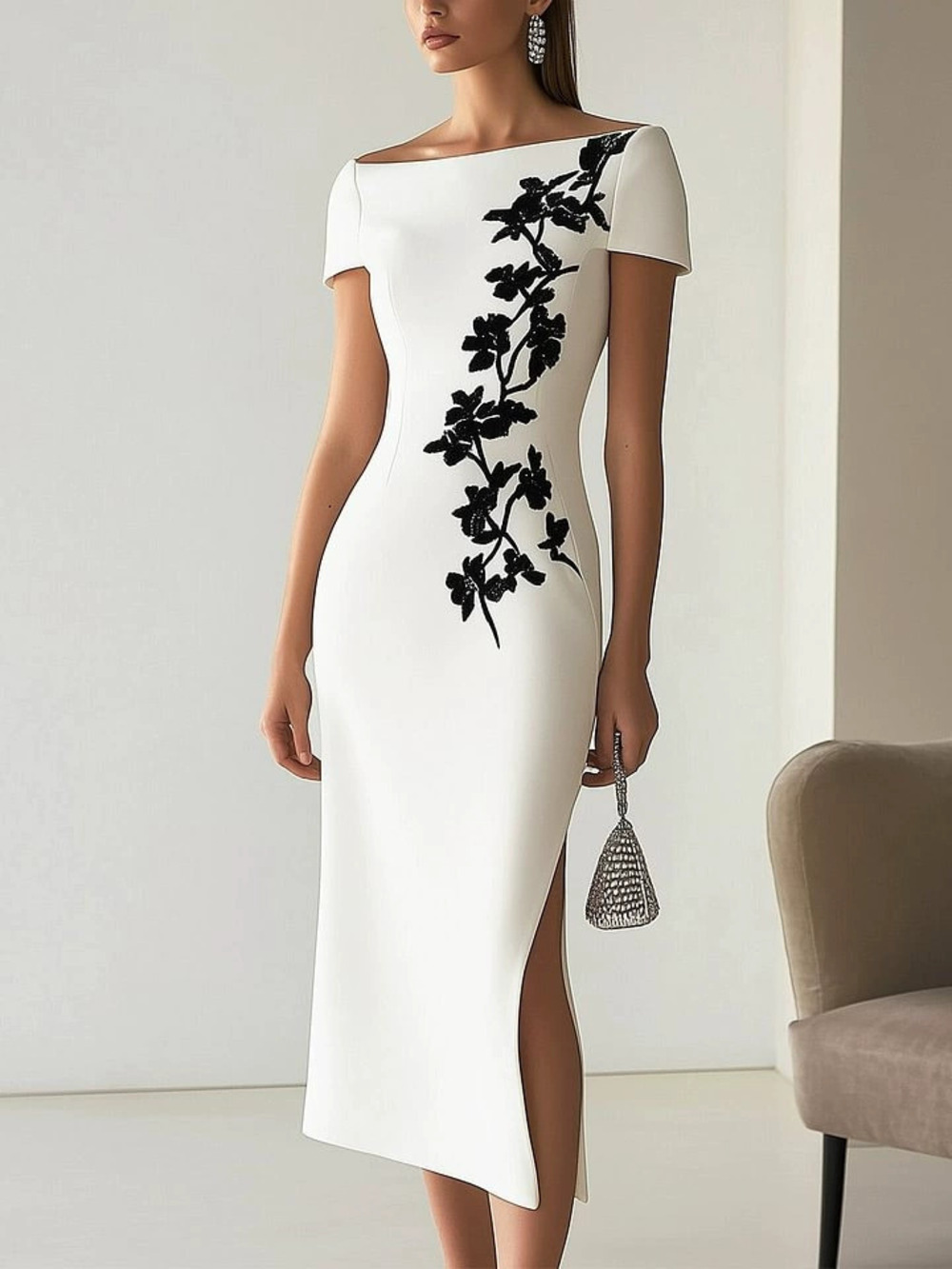 ZARA Womens Boat Neck Short Sleeve Digital Print Evening Dress